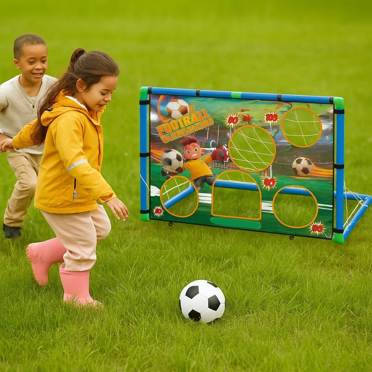Kids 2in1 Portable Soccer Goal Post Up Football Target Board With Net, Ball Pump