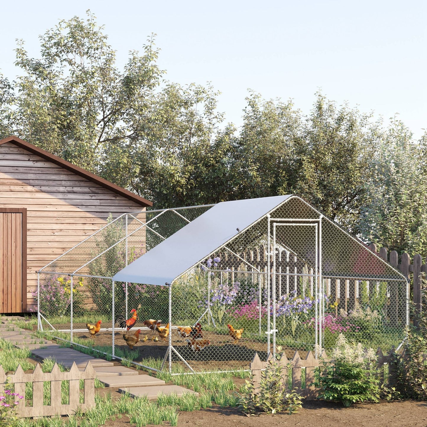 Walk In Chicken Run Galvanized Chicken Coop Hen House w/ Water-Resist Cover