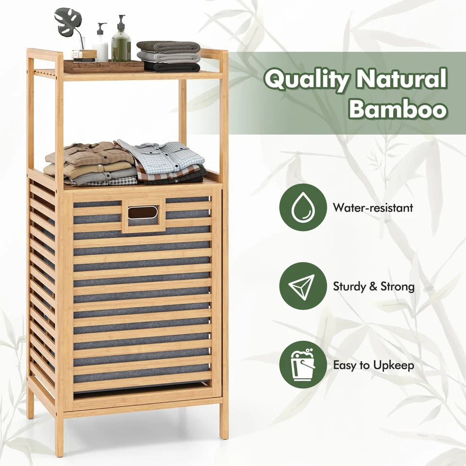 Bamboo Bathroom Shelf Tilt out Laundry Hamper Storage Organiser w/Laundry Basket
