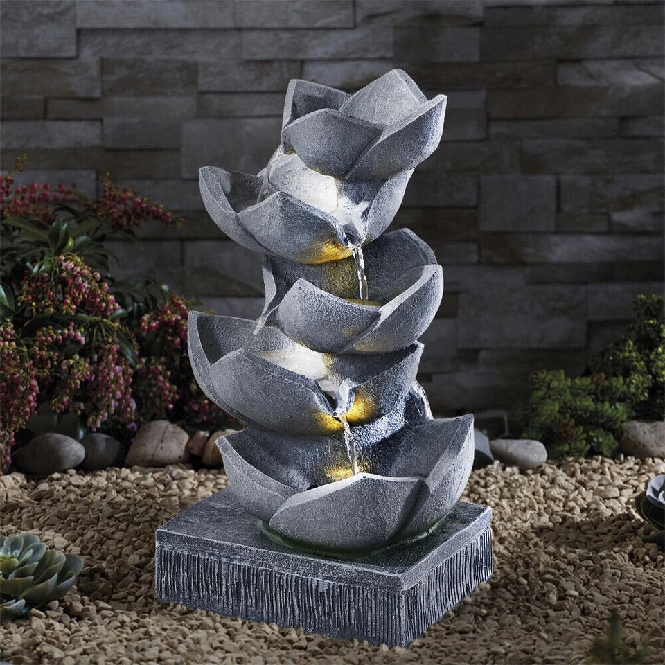 Water Feature Lotus Cascading Fountain With Solar LED Light Outdoor Garden Decor