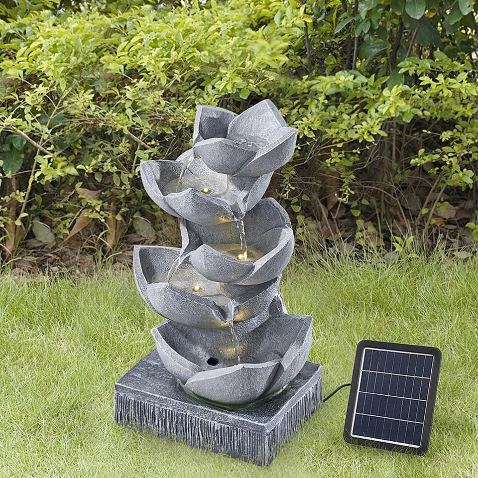 Water Feature Lotus Cascading Fountain With Solar LED Light Outdoor Garden Decor