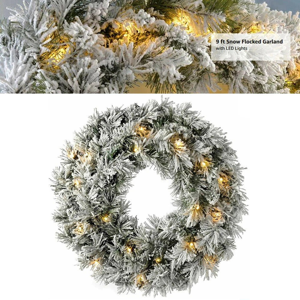 9Ft Christmas LED Pre Lit Garland Snow Flocked Artificial Wreath Xmas Decora