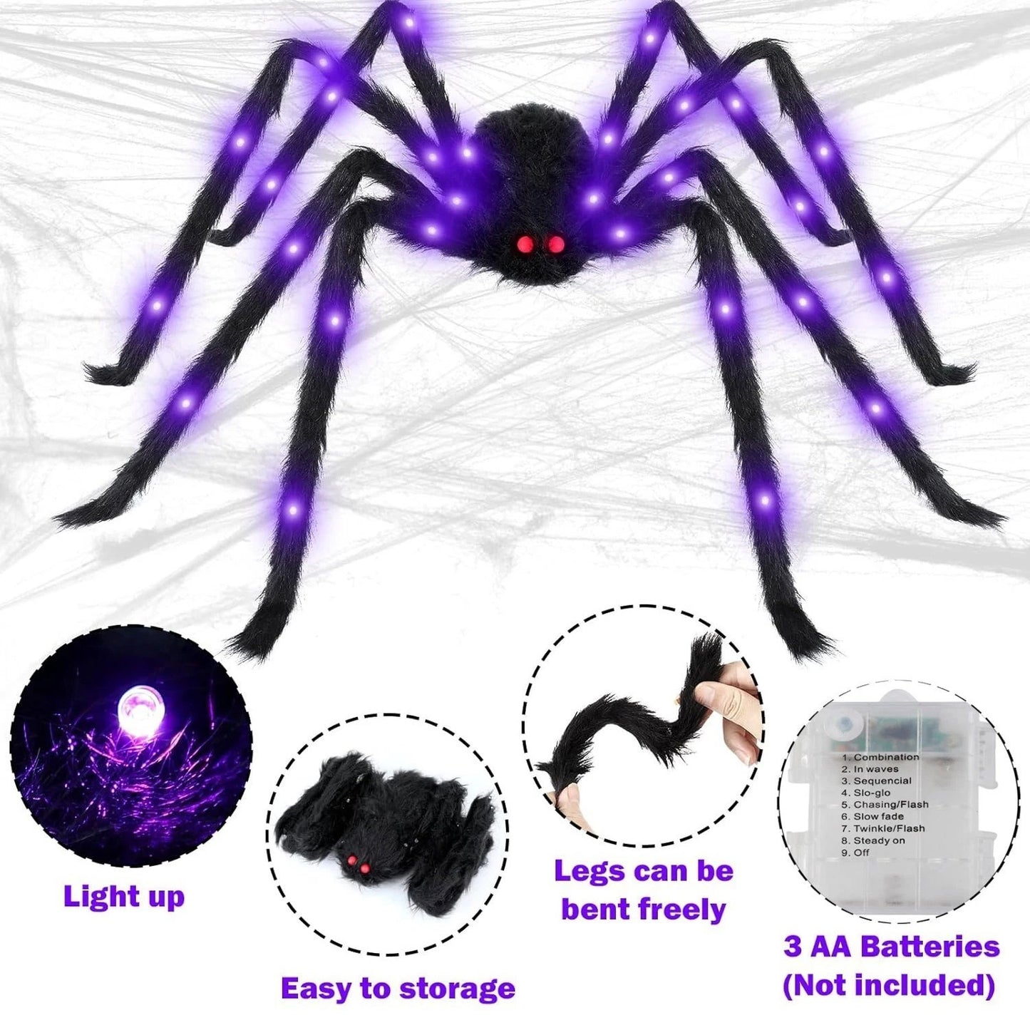 Halloween Prop Spider Decoration 150CM 8 Mode Light Up Giant Spider, Realistic
