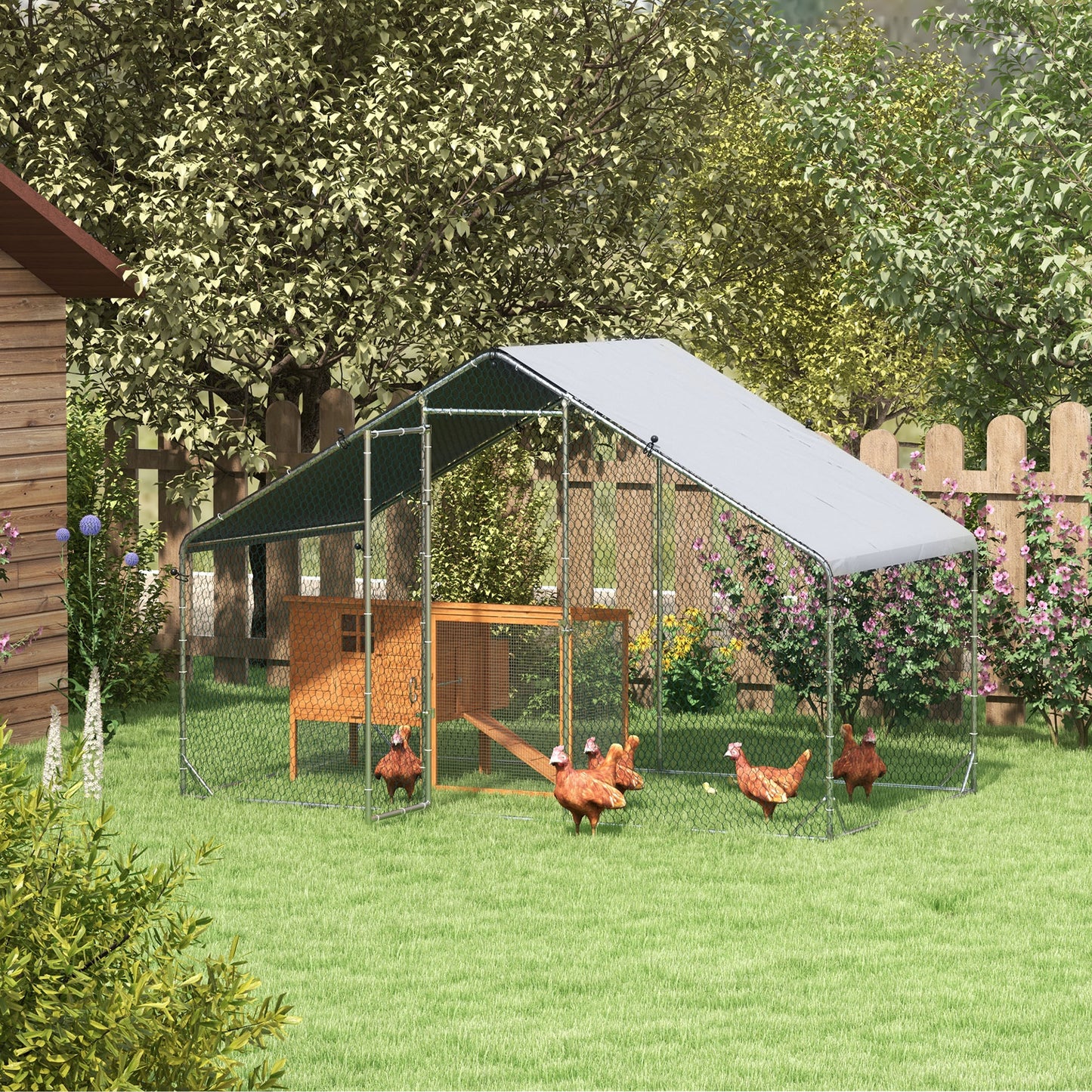 Walk In Chicken Run Galvanized Chicken Coop Hen House w/ Water-Resist Cover