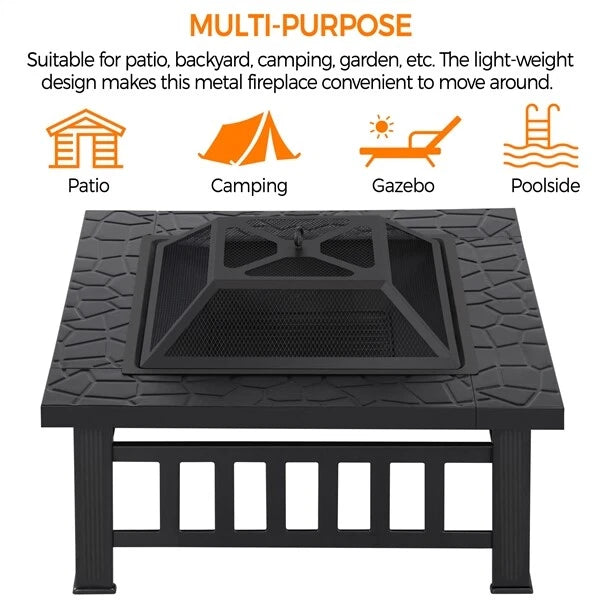 Large Fire Pit BBQ Outdoor Iron Grill Square Garden Table Patio Log Burner Stove