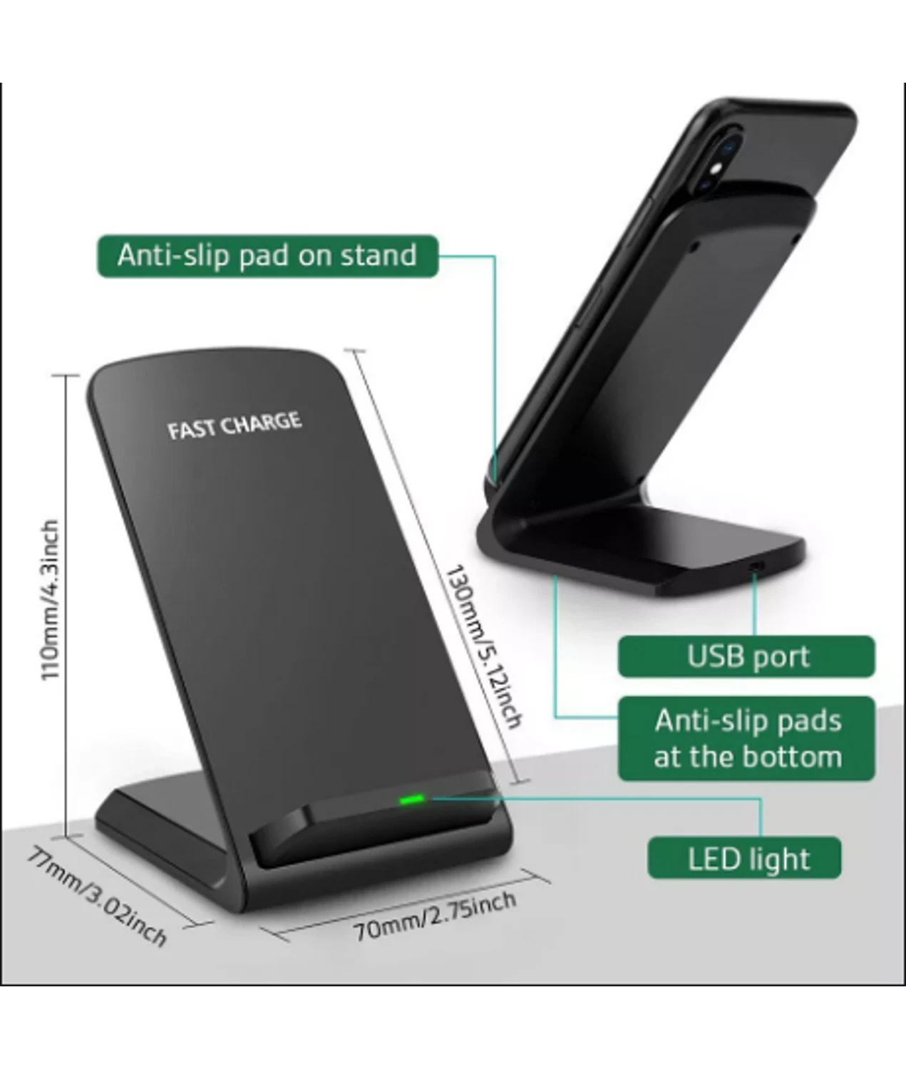 2 Coils Fast Wireless Charger Qi Charging Stand Fan For Samsung, iPhone, Huawei