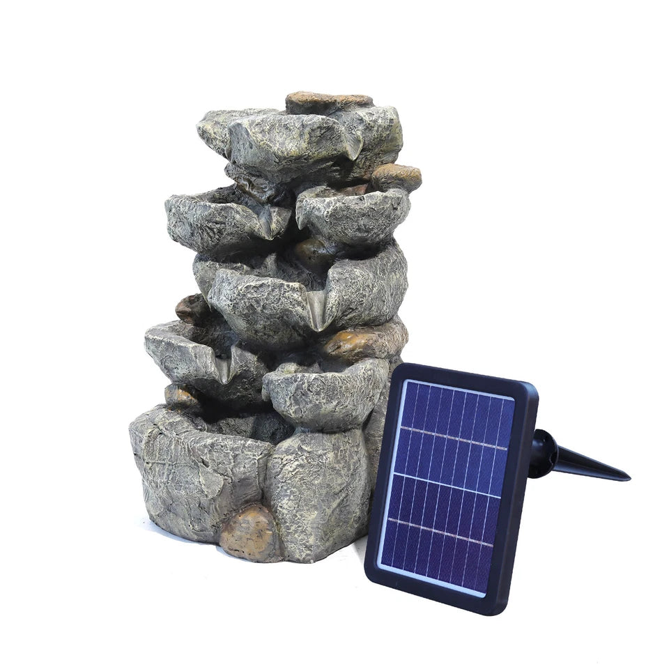 Solar Powered Cascading Stones Fountain LED Water Feature Garden Statues Pump