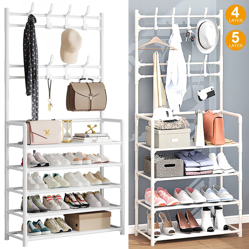 8 Hooks Coat and Hat Stand Metal + Plastic Shoe Rack Bedroom Shelf Hanger