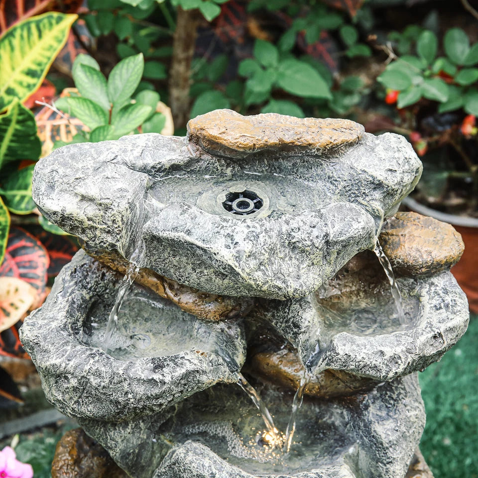 Solar Powered Cascading Stones Fountain LED Water Feature Garden Statues Pump