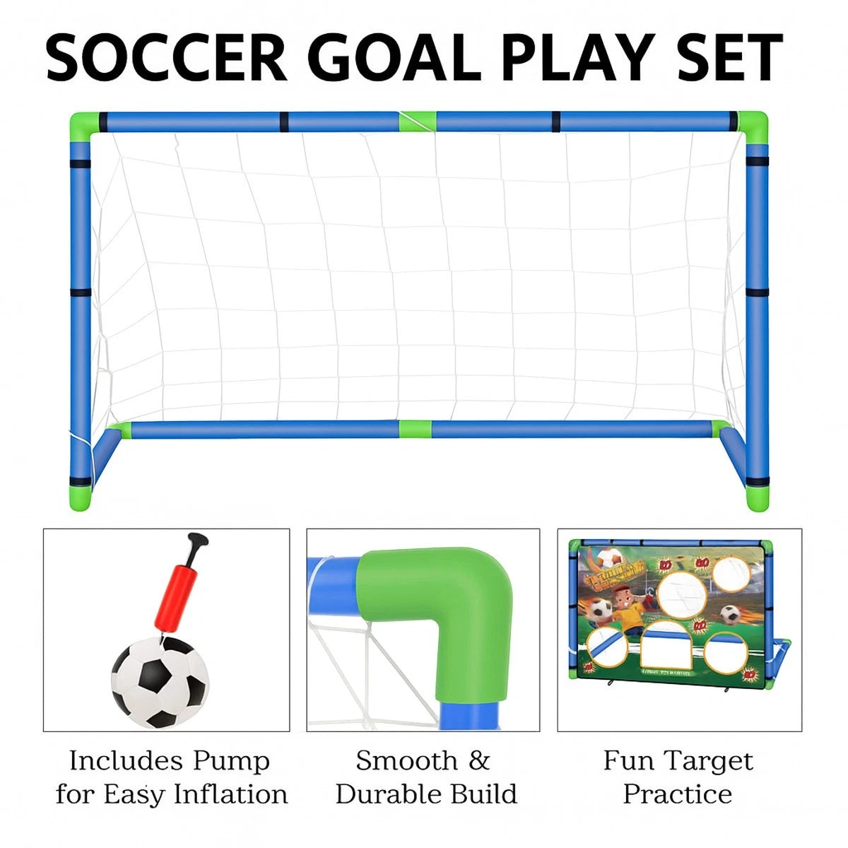 Kids 2in1 Portable Soccer Goal Post Up Football Target Board With Net, Ball Pump