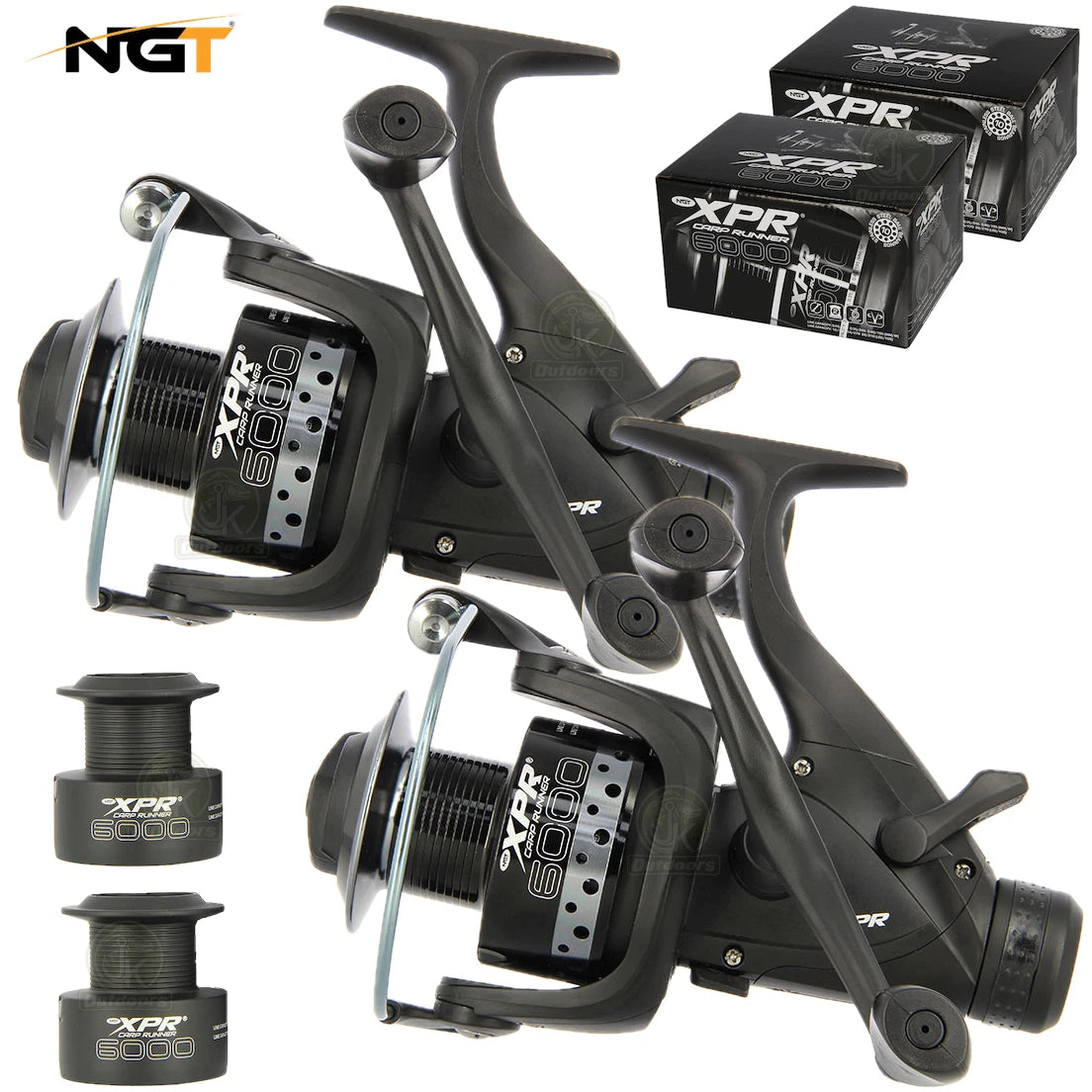 2x NGT XPR 6000 Carp Fishing Bait Runner Reels Twin Handle 10BB + Spare Spools