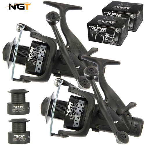 2x NGT XPR 6000 Carp Fishing Bait Runner Reels Twin Handle 10BB + Spare Spools