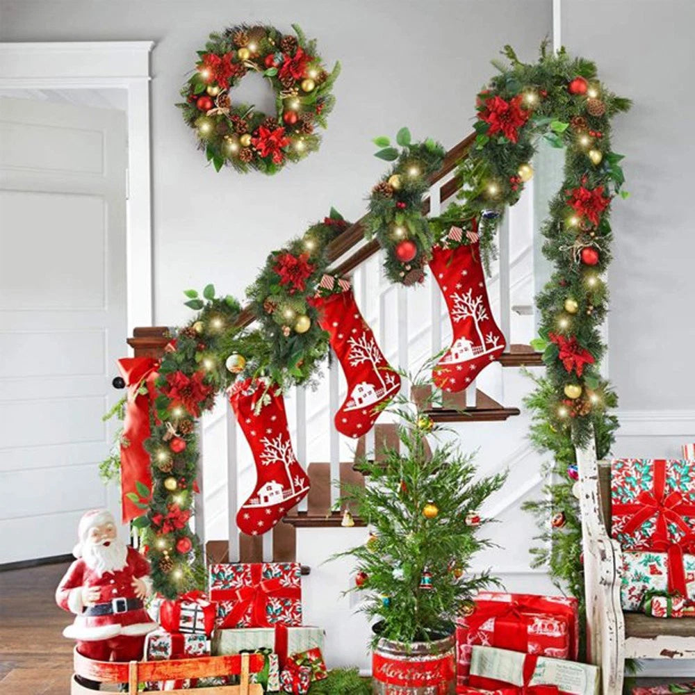 16FT Christmas Garland with LED Lights Pre Lit Stairs Home Fireplace Bushy Pine