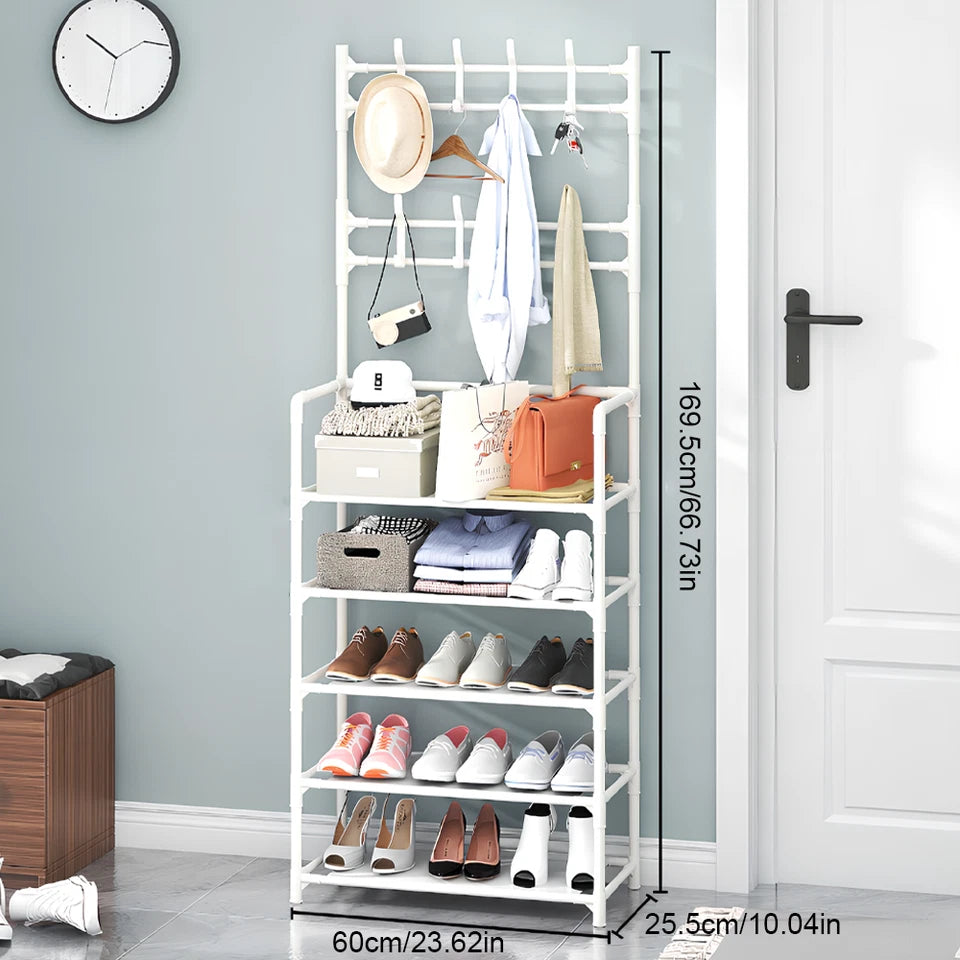 8 Hooks Coat and Hat Stand Metal + Plastic Shoe Rack Bedroom Shelf Hanger