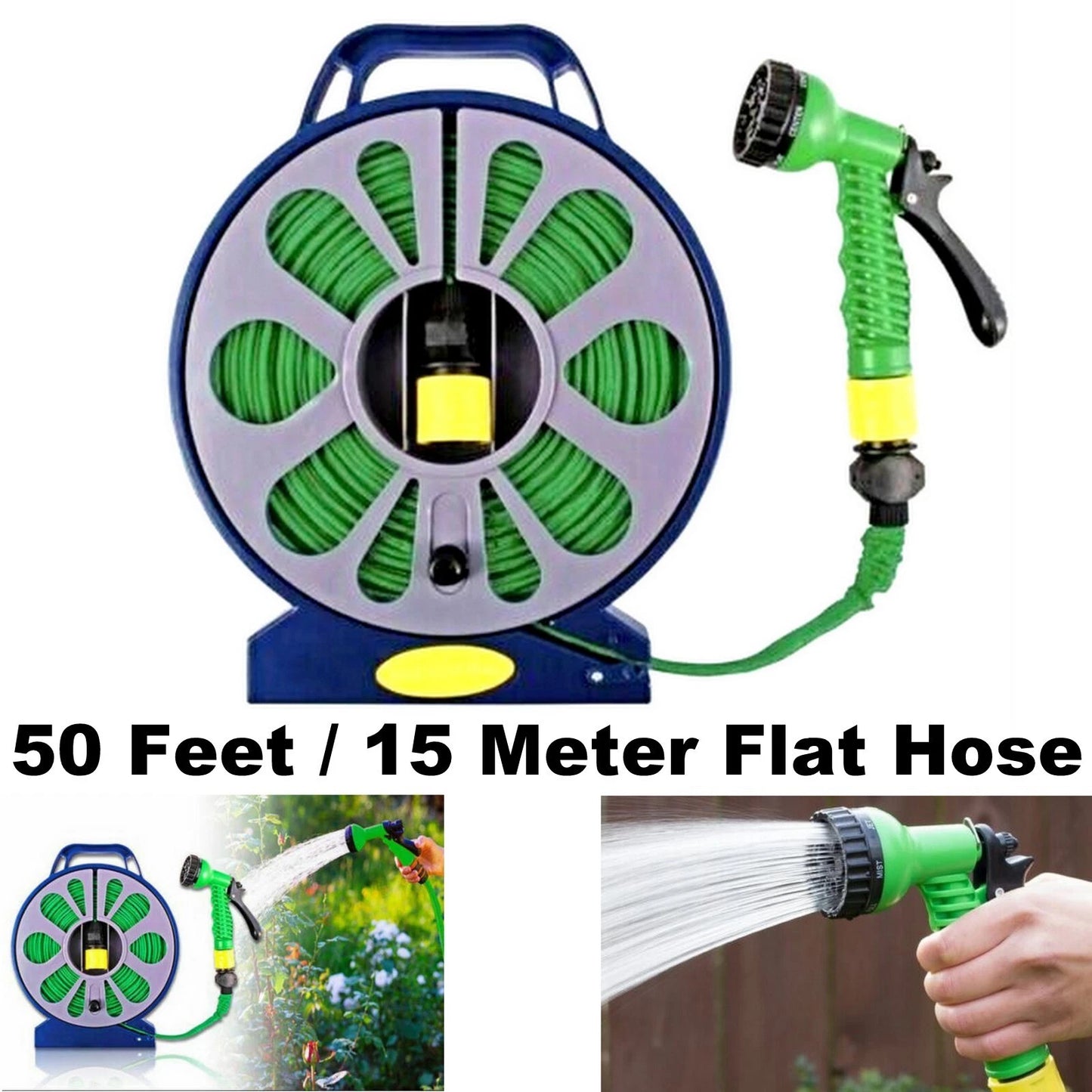 50 Feet/15 Meter Flat Hose Pipe Reel With Water Nozzle Gun Spray Garden Watering