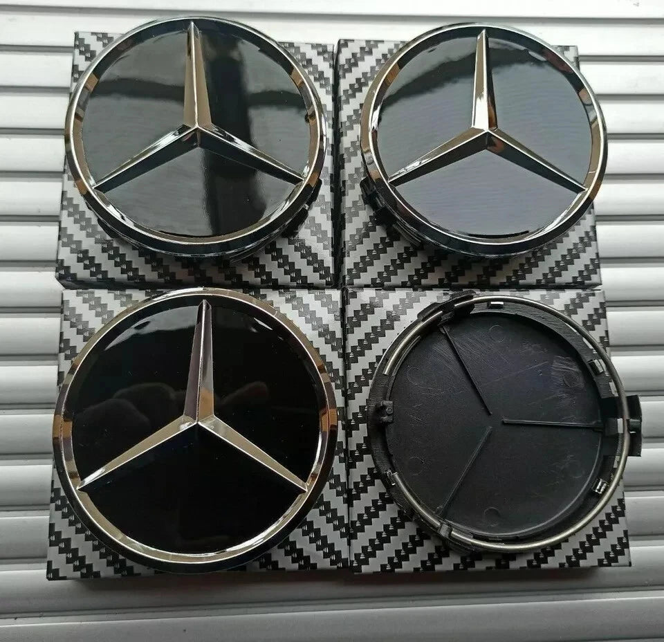 4 x Black Mercedes Benz 75mm Alloy Wheel Centre Caps AMG A B C E S M Class Hub.