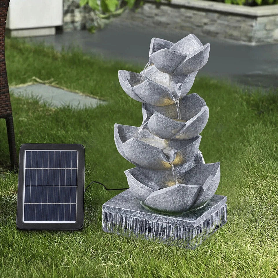 Water Feature Lotus Cascading Fountain With Solar LED Light Outdoor Garden Decor