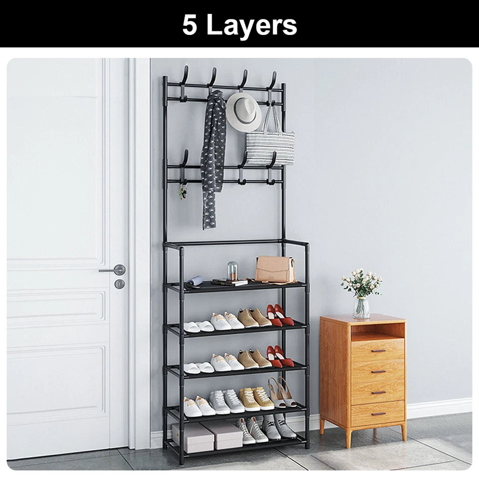 8 Hooks Coat and Hat Stand Metal + Plastic Shoe Rack Bedroom Shelf Hanger