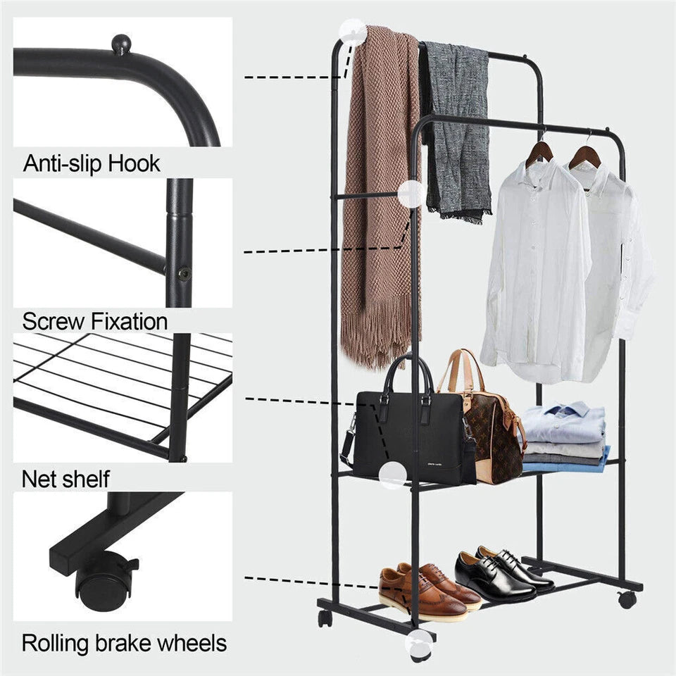 Industrial Pipe Garment Rack Coat Stand Rolling Clothe Rails