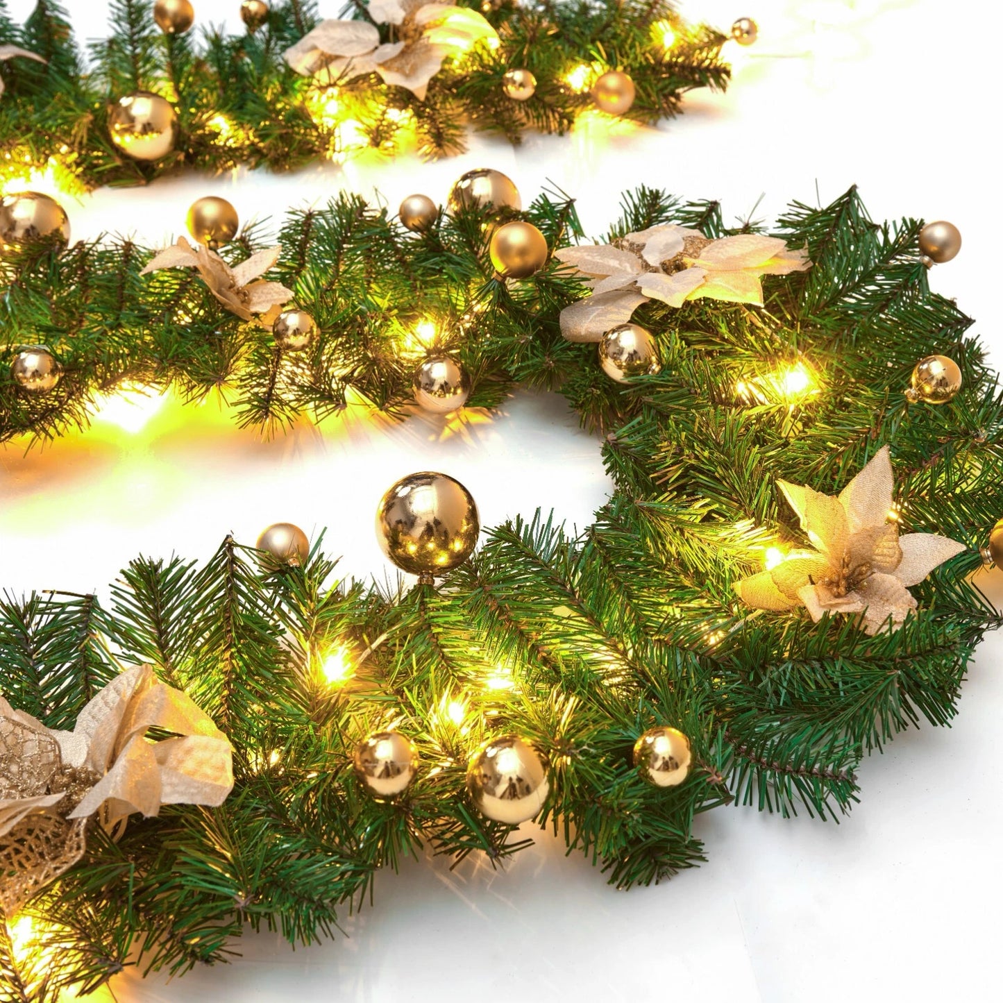 9FT Pre Lit Christmas Garland LED Lights Wreath Xmas Decorations Christmas Balls