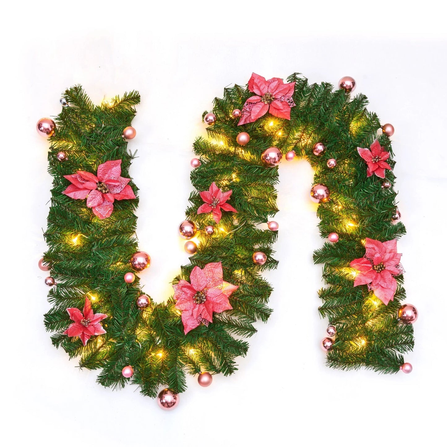 9FT Pre Lit Christmas Garland LED Lights Wreath Xmas Decorations Christmas Balls