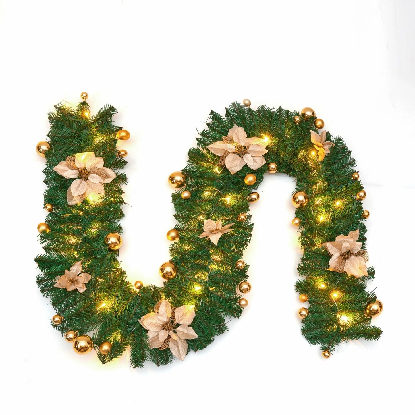9FT Pre Lit Christmas Garland LED Lights Wreath Xmas Decorations Christmas Balls