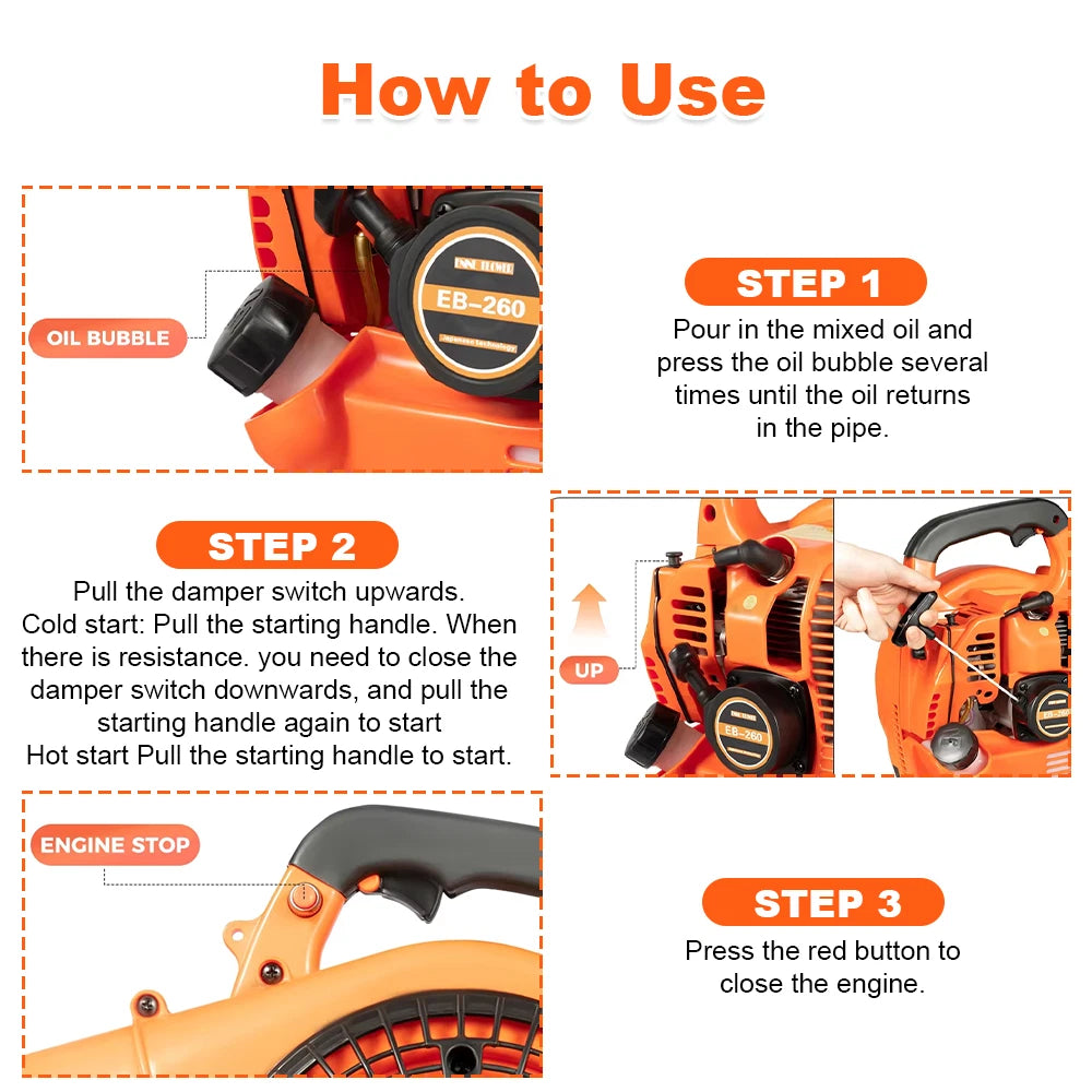 26cc Garden Yard Hand held Petrol Leaf Blower Powerful 2 Stroke Air Cooled Engine