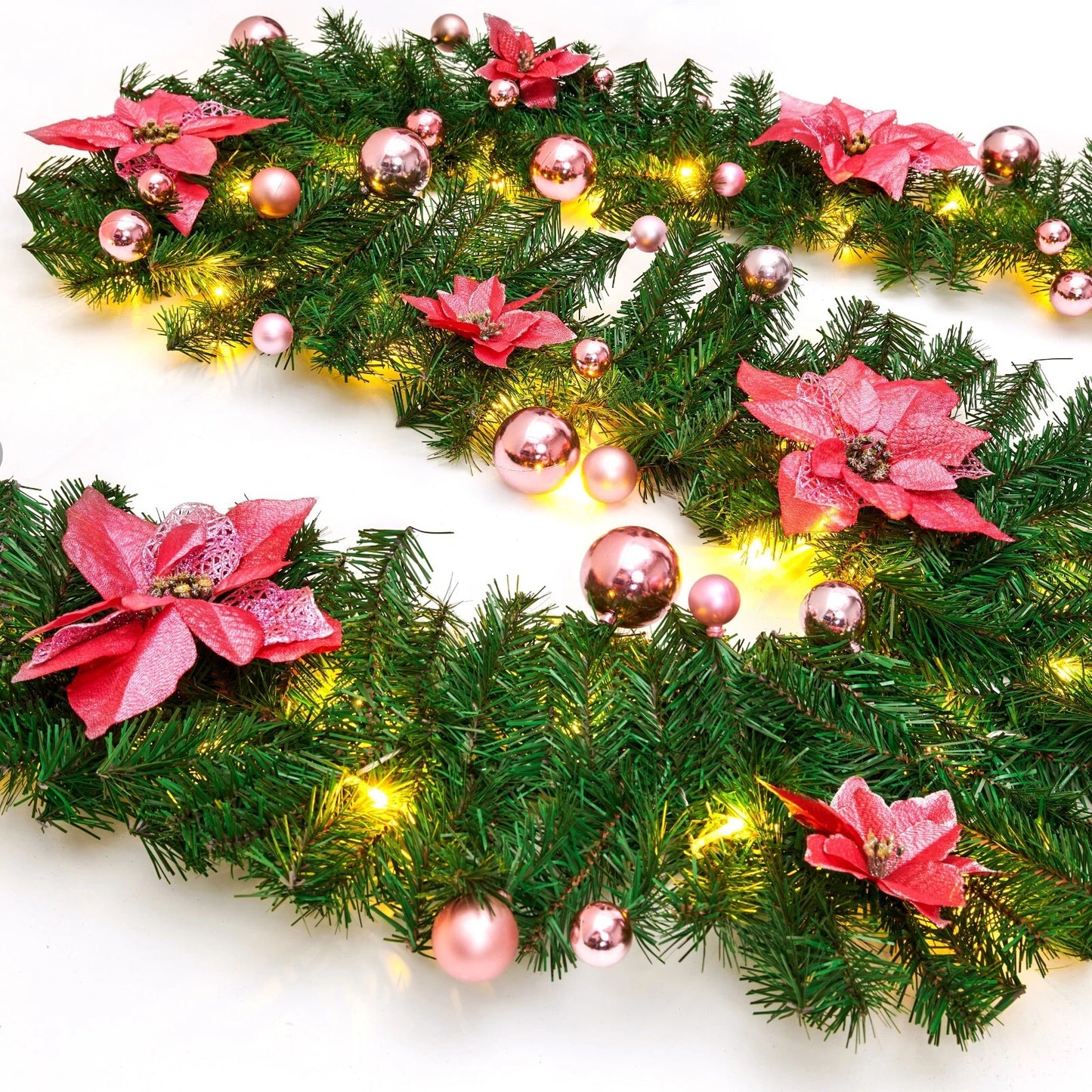 9FT Pre Lit Christmas Garland LED Lights Wreath Xmas Decorations Christmas Balls