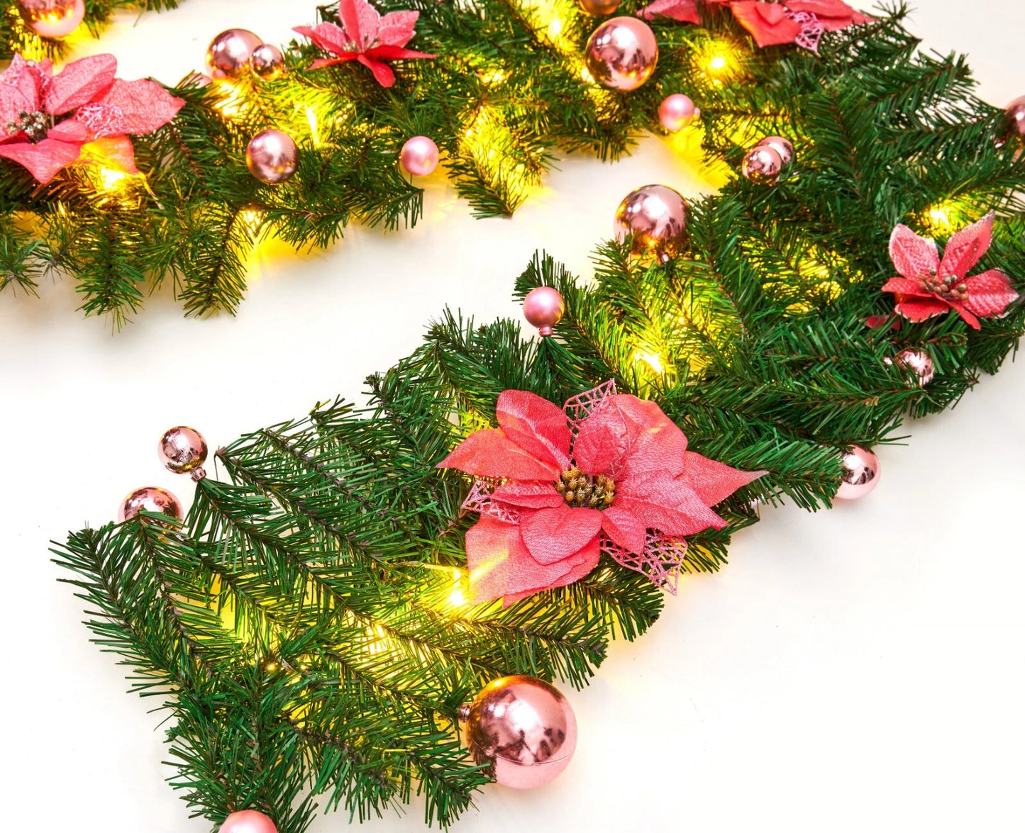 9FT Pre Lit Christmas Garland LED Lights Wreath Xmas Decorations Christmas Balls