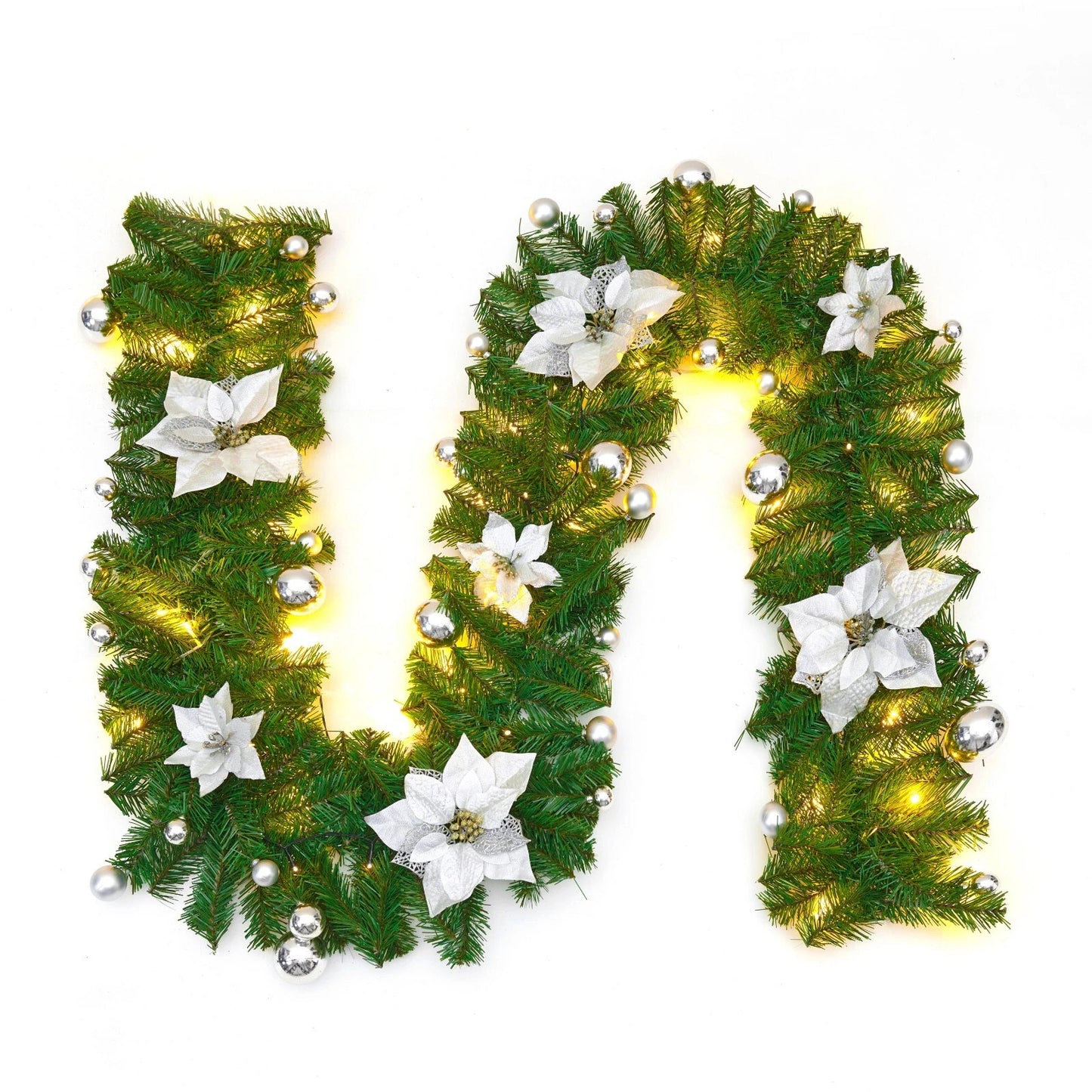 9FT Pre Lit Christmas Garland LED Lights Wreath Xmas Decorations Christmas Balls