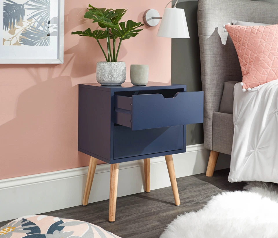 Nyborg Single 2 Drawer Bedside Cabinet Lamp Table Nightstand Blue