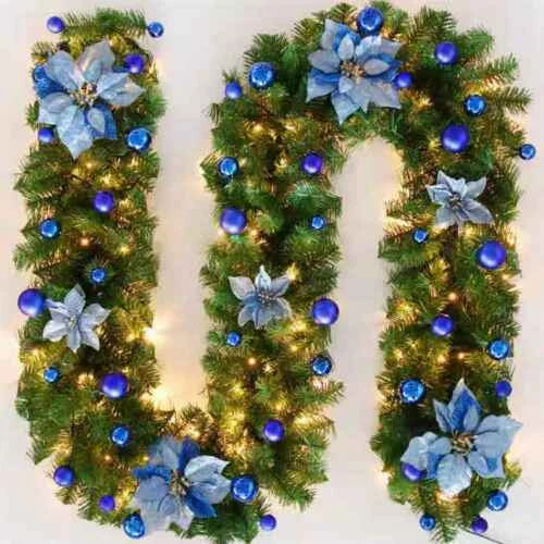 9FT Pre Lit Christmas Garland LED Lights Wreath Xmas Decorations Christmas Balls