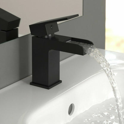 Bathroom Modern Waterfall Black Basin Sink Mono Square Mixer Tap Filler Waste
