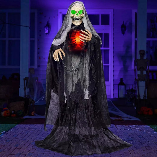 65" Halloween Animatronics Standing Grim Reaper Decoration with Breastbone, Life