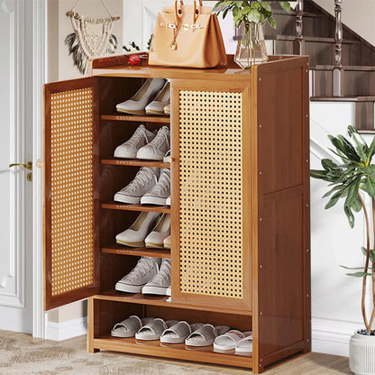 Shoe Cabinet Storage Cupboard Footwear Stand Rack Wooden Double Rattan Doors