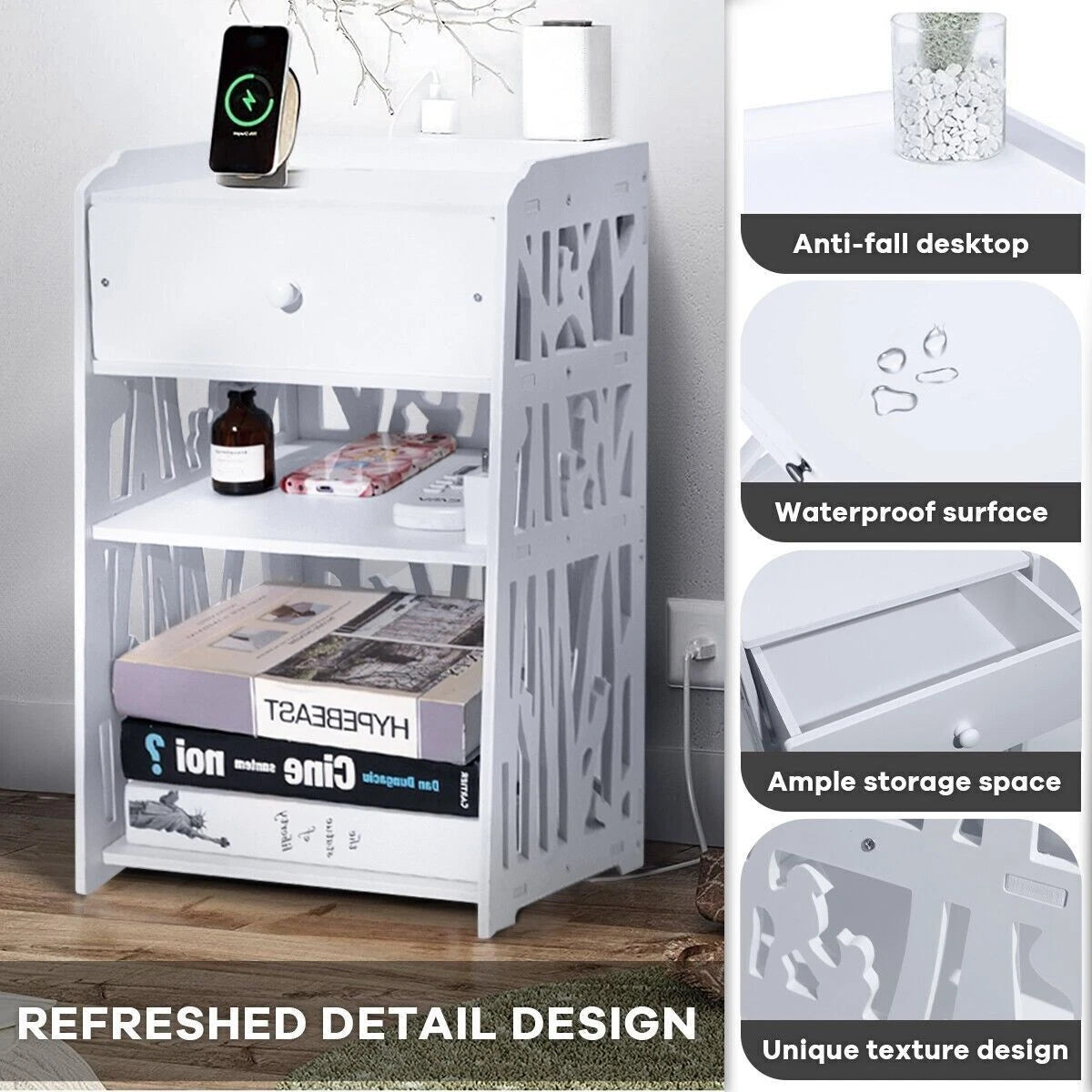 Bedside Table With White Drawer Cabinet