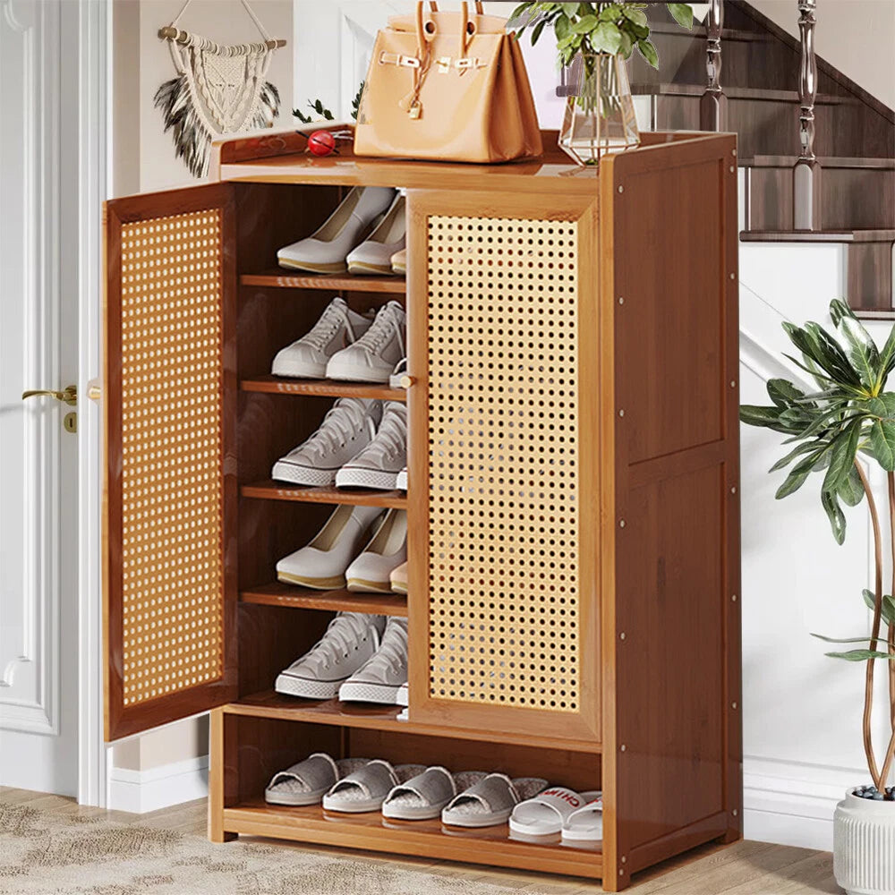 Shoe Cabinet Storage Cupboard Footwear Stand Rack Wooden Double Rattan Doors UK