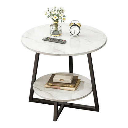 Round 2 Tier Coffee Table Side Table White Marble Effect End Table Living Room