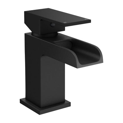 Bathroom Modern Waterfall Black Basin Sink Mono Square Mixer Tap Filler Waste