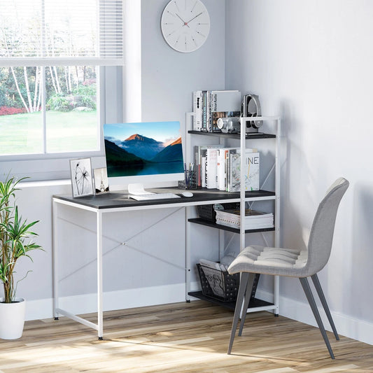 Computer Desk Laptop Table w/4-tier Bookshelf Metal Frame Black, White