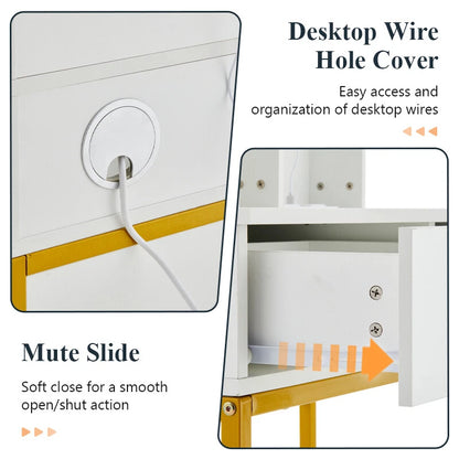 Dressing Table Round Mirror LED Lights Stool Vanity Table Makeup Desk Gold Leg