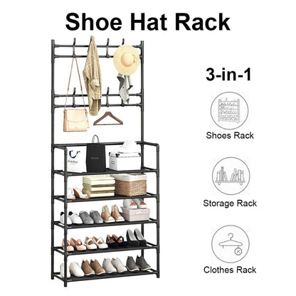 8 Hooks Coat and Hat Stand Metal + Plastic Shoe Rack Bedroom Shelf Hanger