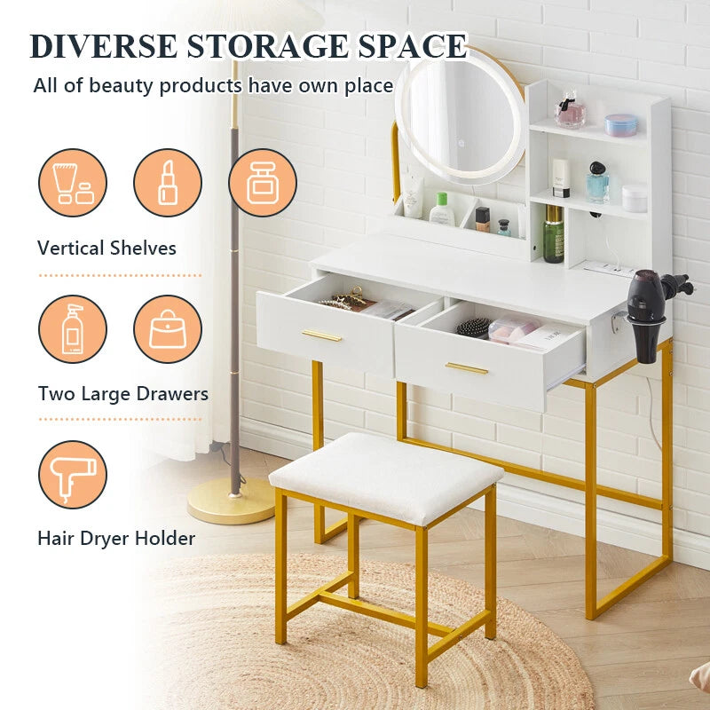 Dressing Table Round Mirror LED Lights Stool Vanity Table Makeup Desk Gold Leg