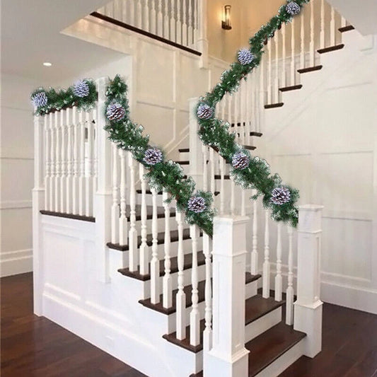 9ft Christmas Garland Snow Flocked With Lights Pinecones Berries Wreath Bushy