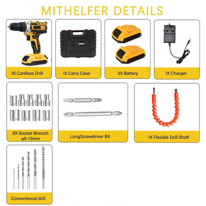 2 Battery 21V Cordless Drill Combi Driver High Power Electric Screwdriver Set UK