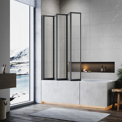 5 Folding Bath Shower Screen Black / Chrome Frame Wet Room Glass Panel 1200 x 1400mm