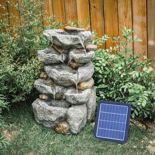 Solar Powered Cascading Stones Fountain LED Water Feature Garden Statues Pump
