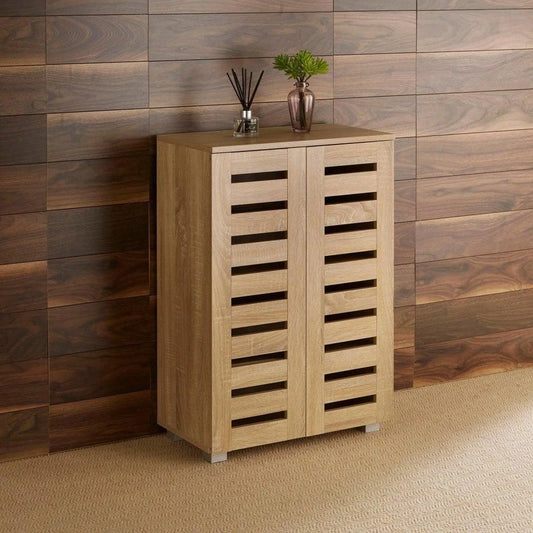 2 Door Shoe Storage Cabinet Rack Stand Cupboard Oak Wooden Slatted Doors Oslo
