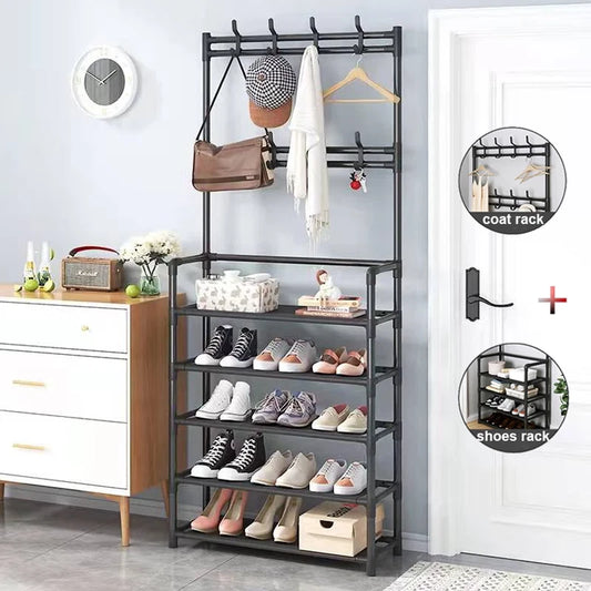8 Hooks Coat and Hat Stand Metal + Plastic Shoe Rack Bedroom Shelf Hanger