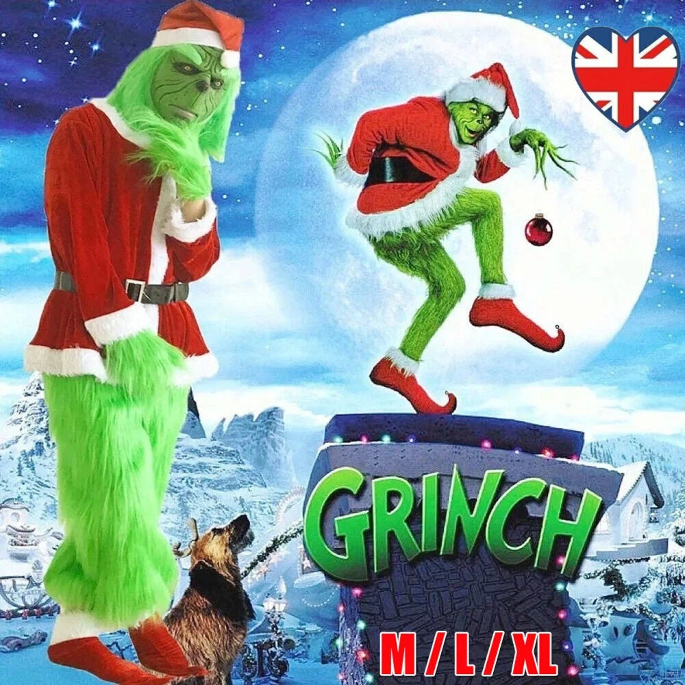 Adult Santa Grinch Costume Xmas Cosplay Men Christmas Santa Fancy Dress Full Set